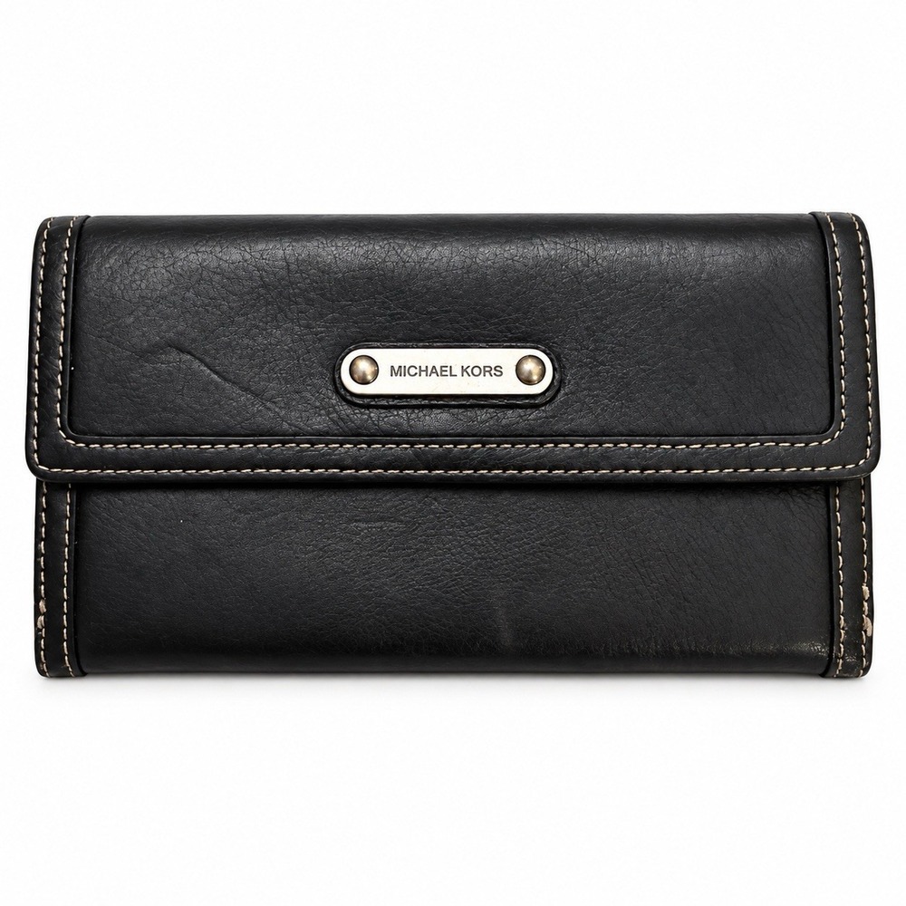 Michael Kors Black Leather Continental Wallet Checkbook Organizer Snap ID